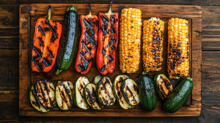 A flat-lay of various grilled vegetables, including bell peppers, corn, and zucchini, perfectly charred and arranged on a wooden serving board.の素材