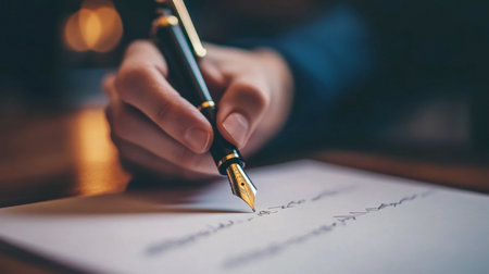 A hand writing on a sheet of elegant letterhead paper with a fountain pen, emphasizing the sophistication of high-quality stationery.の素材