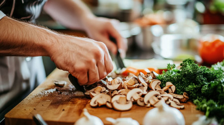A kitchen scene with shiitake mushrooms being finely sliced on a cutting board, alongside other fresh vegetables like garlic and onions, preparing for a stir-fry.の素材