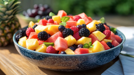 A healthy fruit salad featuring juicy pineapple chunks, watermelon, and berries, served in a large bowl on a summer picnic table.の素材