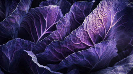 A macro shot of cabbage leaves with intricate veins and textures, capturing the natural beauty and detail of the vegetables structure under soft lighting.の素材