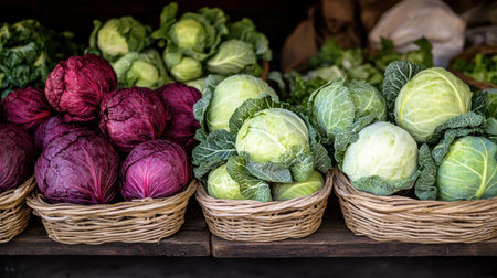 A market stall brimming with fresh cabbages, both green and red, arranged in baskets alongside other seasonal produce, offering a vibrant display of farm-fresh vegetables.の素材