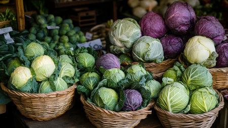 A market stall brimming with fresh cabbages, both green and red, arranged in baskets alongside other seasonal produce, offering a vibrant display of farm-fresh vegetables.の素材