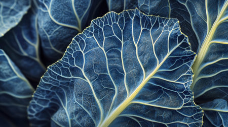 A macro shot of cabbage leaves with intricate veins and textures, capturing the natural beauty and detail of the vegetables structure under soft lighting.の素材