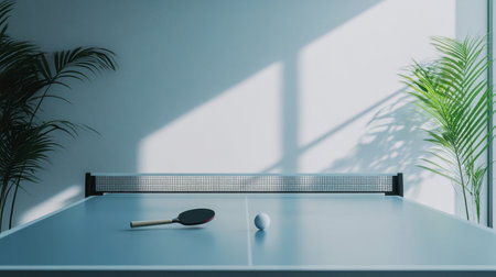 A minimalist setup of a ping pong table in an office break room, with paddles and a ball neatly placed, ready for a casual game.の素材