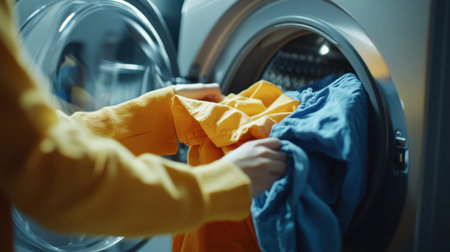 A person taking freshly washed clothes out of a washing machine, with a focus on the vibrant, clean fabrics and the modern design of the machine in a bright, airy laundry space.の素材