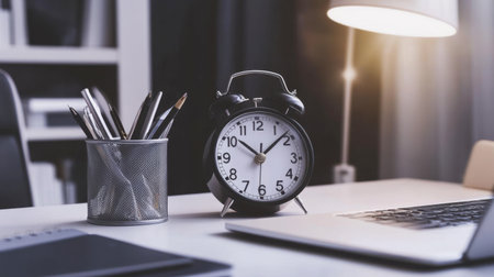 A modern desk clock with a sleek, minimalist design and digital display, placed on a stylish office desk alongside a laptop and stationery in a contemporary workspace.の素材