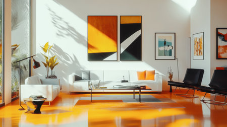 A modern living room with a bright orange floor, minimalist furniture, and vibrant artwork on the walls, creating a bold and energetic atmosphere.の素材