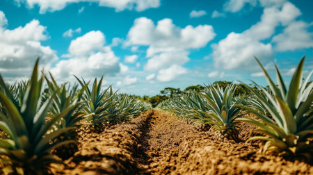 A pineapple plantation with rows of pineapples growing under the sun, their spiky green leaves contrasting against the rich soil and blue sky.の素材