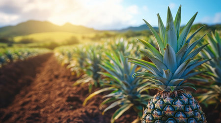 A pineapple plantation with rows of pineapples growing under the sun, their spiky green leaves contrasting against the rich soil and blue sky.の素材