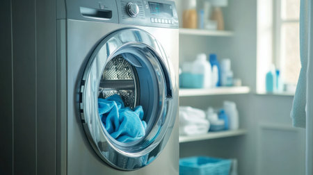 A modern washing machine with a clear glass door, showing a load of clothes in the wash cycle, surrounded by neatly organized laundry supplies in a bright, clean laundry room.の素材