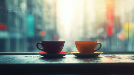 A pair of coffee cups on a caf table, with a view of city streets through a window, evoking the warmth and comfort of a coffee date.の素材