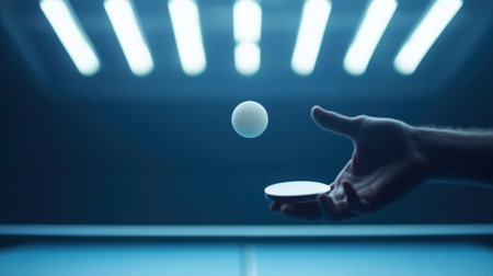 A slow-motion capture of a player serving a ping pong ball, with the ball spinning through the air and paddles poised for the return.の素材
