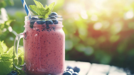 A refreshing blueberry smoothie in a mason jar, topped with fresh blueberries and mint leaves, served on a bright, sunlit patio.の素材