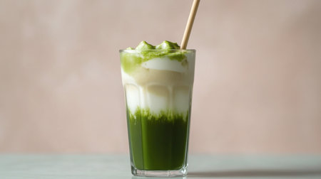 A refreshing iced matcha latte in a tall glass, layered with frothy milk and served with a bamboo straw, against a minimalist background.の素材