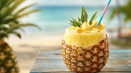 A refreshing pineapple smoothie served in a hollowed-out pineapple, complete with a colorful straw and tropical garnish, on a beachside table.の素材