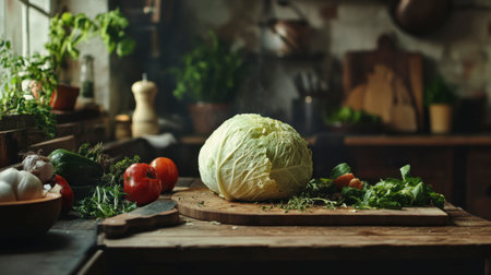 A rustic kitchen scene with a whole cabbage being chopped on a wooden counter, surrounded by fresh vegetables and herbs, ready for a homemade soup or stew.の素材