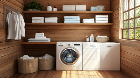 A stylish laundry room with a high-efficiency washing machine and matching dryer, featuring shelves with neatly folded towels and laundry baskets in a modern, minimalist design.の素材