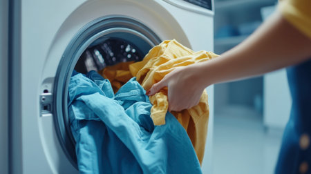 A person taking freshly washed clothes out of a washing machine, with a focus on the vibrant, clean fabrics and the modern design of the machine in a bright, airy laundry space.の素材