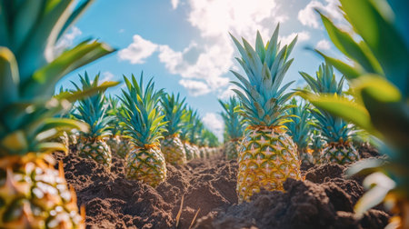 A pineapple plantation with rows of pineapples growing under the sun, their spiky green leaves contrasting against the rich soil and blue sky.の素材