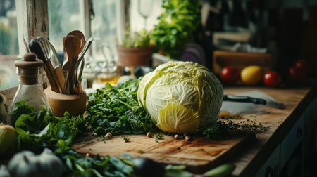 A rustic kitchen scene with a whole cabbage being chopped on a wooden counter, surrounded by fresh vegetables and herbs, ready for a homemade soup or stew.の素材