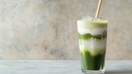 A refreshing iced matcha latte in a tall glass, layered with frothy milk and served with a bamboo straw, against a minimalist background.の素材