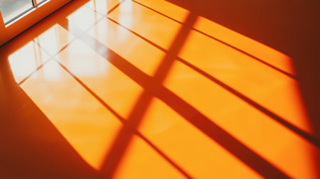 A top-down view of a smooth orange floor with sunlight streaming in through a window, casting long shadows across the surface for a dramatic effect.の素材