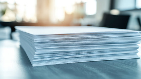 A stack of clean, white office paper with a neatly printed document on top, showcasing the texture and quality of the paper.の素材