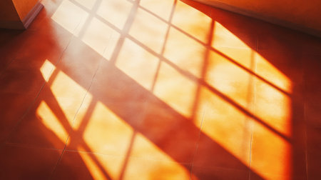 A top-down view of a smooth orange floor with sunlight streaming in through a window, casting long shadows across the surface for a dramatic effect.の素材