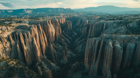 A dramatic aerial view of a rock plateau with deep canyons carved into the landscape.の素材