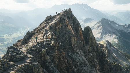 A steep mountain trail leading up a rocky ridge, with hikers making their way to the summit.の素材