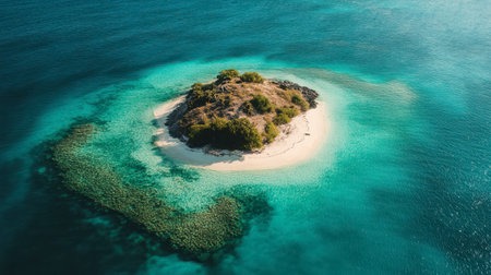 A small island in the middle of a turquoise lagoon, surrounded by clear, shallow water and white sandy beaches.の素材