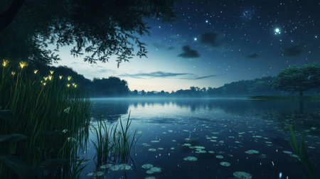 A serene lagoon under the moonlight, with stars reflecting on the still water and distant sounds of wildlife.の素材