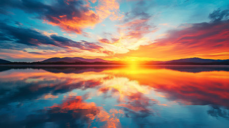 A vibrant sunset sky reflected in the calm waters of a lake, with the landscape perfectly mirrored.の素材