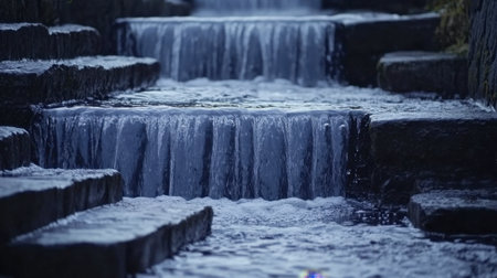 A slow-motion shot of a waterfall, capturing the smooth flow of water over a series of terraced rocks.の素材