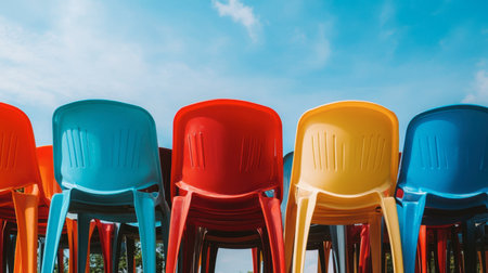 A stack of plastic chairs arranged in a row, ready for an outdoor event, with a sunny day and blue skies overhead.の素材