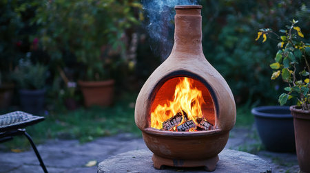 A terracotta chiminea burning brightly on a cool evening, with flames dancing inside the earthy-colored clay.の素材