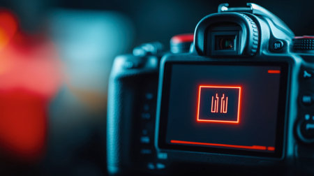 A close-up of a drained battery icon on a digital camera screen, representing the need for recharging during a photoshoot.の素材