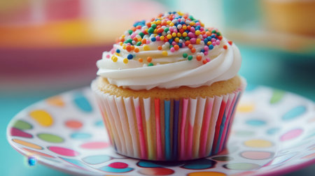 A close-up of a cupcake with rainbow-colored sprinkles, sitting on a colorful patterned plate, with a soft focus on the sweet details.の素材