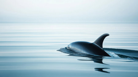 A close-up of a dolphin dorsal fin cutting through the calm sea, with the vast horizon in the background, symbolizing freedom.の素材