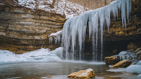 A waterfall in winter, partially frozen with icicles hanging from the rocks, creating a magical scene.の素材