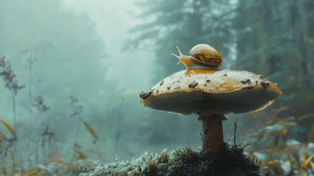 A close-up of a snail perched on a mushroom in a misty forest, creating a magical and serene scene as the snail moves slowly in a tranquil setting.の素材