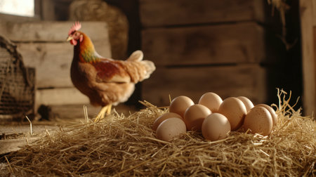 A beautifully arranged farm-to-table scene with freshly laid eggs, surrounded by straw, with a hen wandering in the background, emphasizing the farm's bounty.の素材