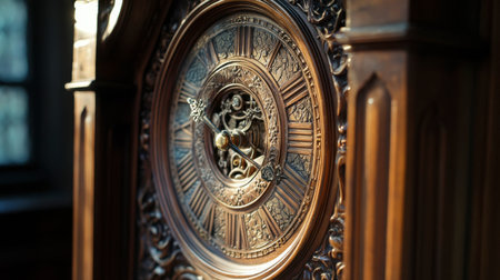 A close-up of an ornate grandfather clock with intricate carvings and a pendulum, highlighting its craftsmanship and the reflection of light on its polished surface.の素材