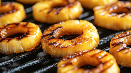 A close-up of pineapple rings grilling on a barbecue, with the heat caramelizing the sugar on the edges, perfect for a summer cookout.の素材