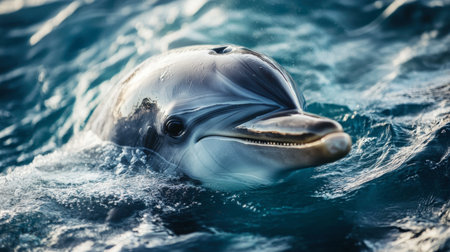A close-up of a dolphin face, its mouth slightly open, showing its friendly and curious expression in the water.の素材