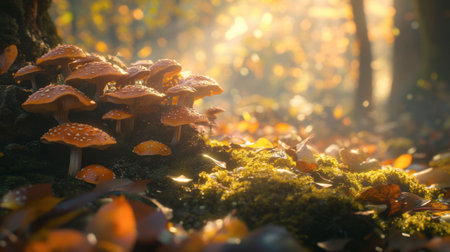 A close-up of a cluster of wild mushrooms growing on a forest floor, surrounded by moss and fallen leaves, with soft sunlight filtering through the trees.の素材