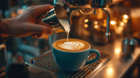 A barista's hand carefully pouring milk into a coffee cup, creating beautiful latte art, with a backdrop of a stylish coffee shop counter.の素材