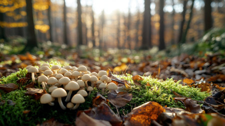 A close-up of a cluster of wild mushrooms growing on a forest floor, surrounded by moss and fallen leaves, with soft sunlight filtering through the trees.の素材