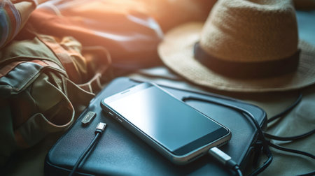 A close-up of a portable power bank connected to a smartphone, charging on the go, representing travel convenience.の素材